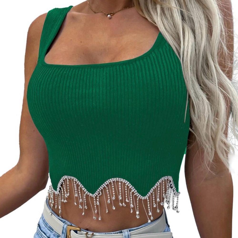 Lyaner women size large crop top tank ribbed shirt Kelly green rhinestone fringe